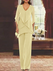Chiffon V Neck Half Sleeves Mother Of The Bride Pantsuits With Ruffles Ankle Length