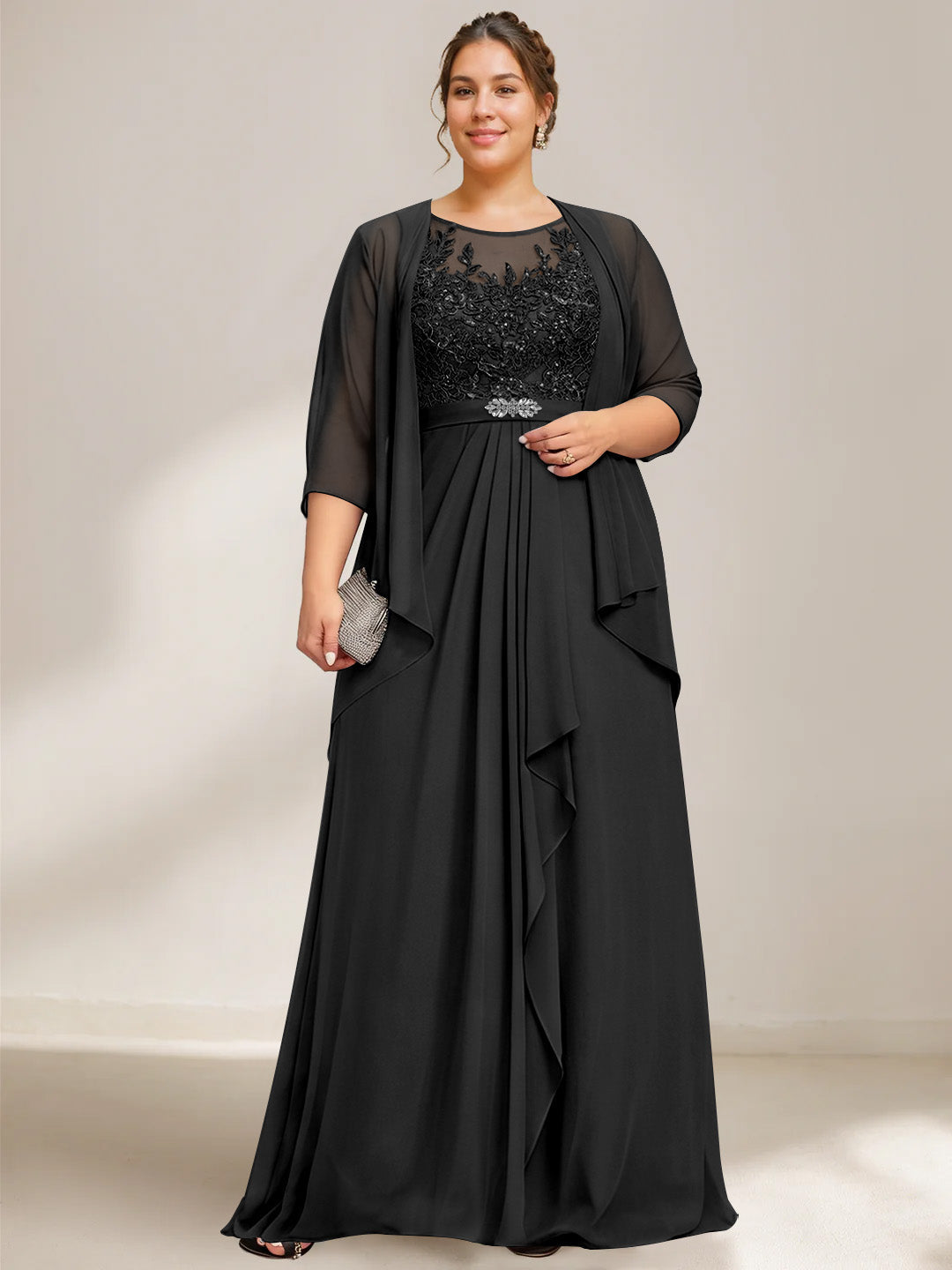 A Line Princess Scoop Plus Size Mother Of The Bride Dresses Chiffon Lace With Wrap Jacket