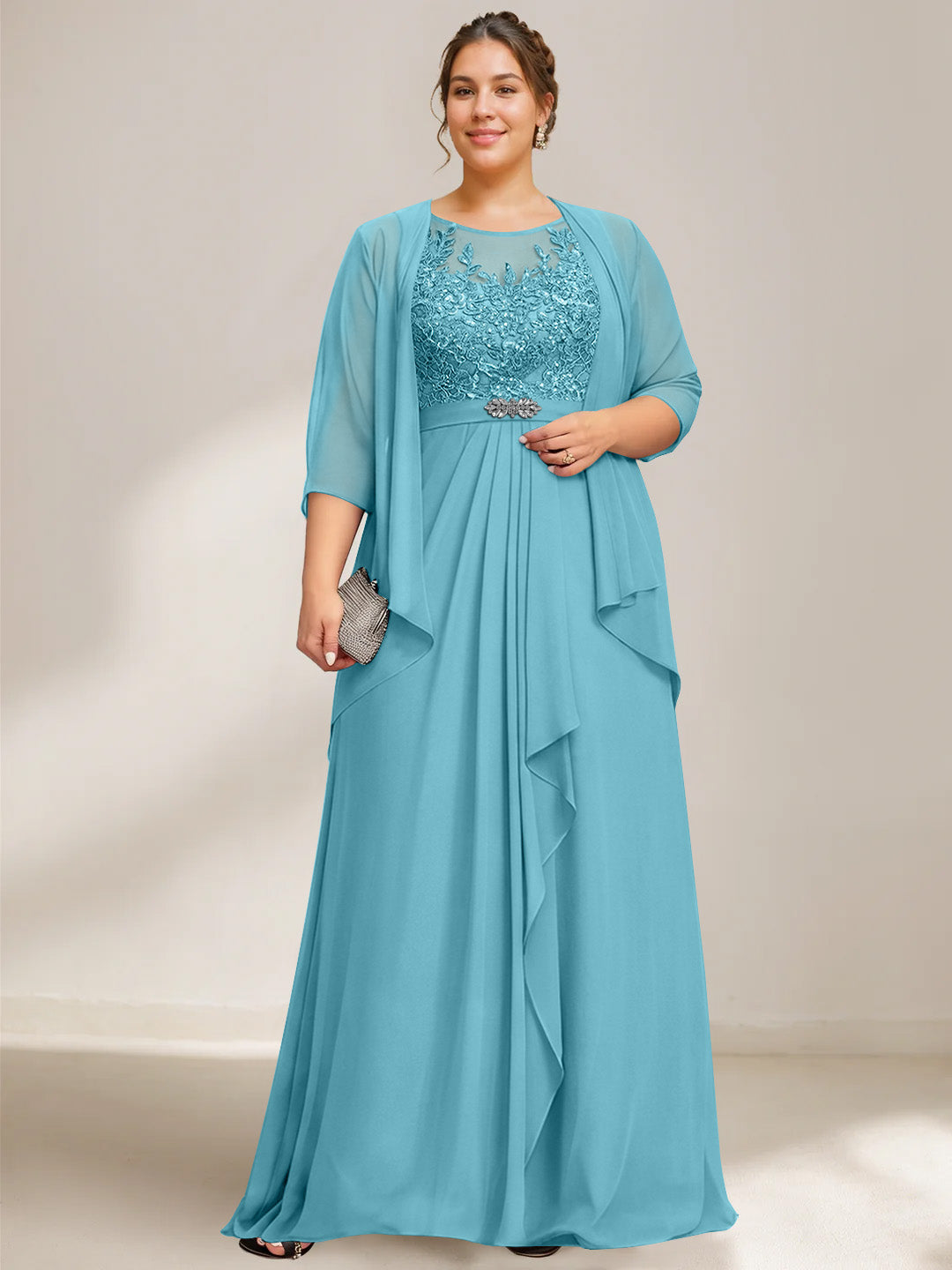 A Line Princess Scoop Plus Size Mother Of The Bride Dresses Chiffon Lace With Wrap Jacket