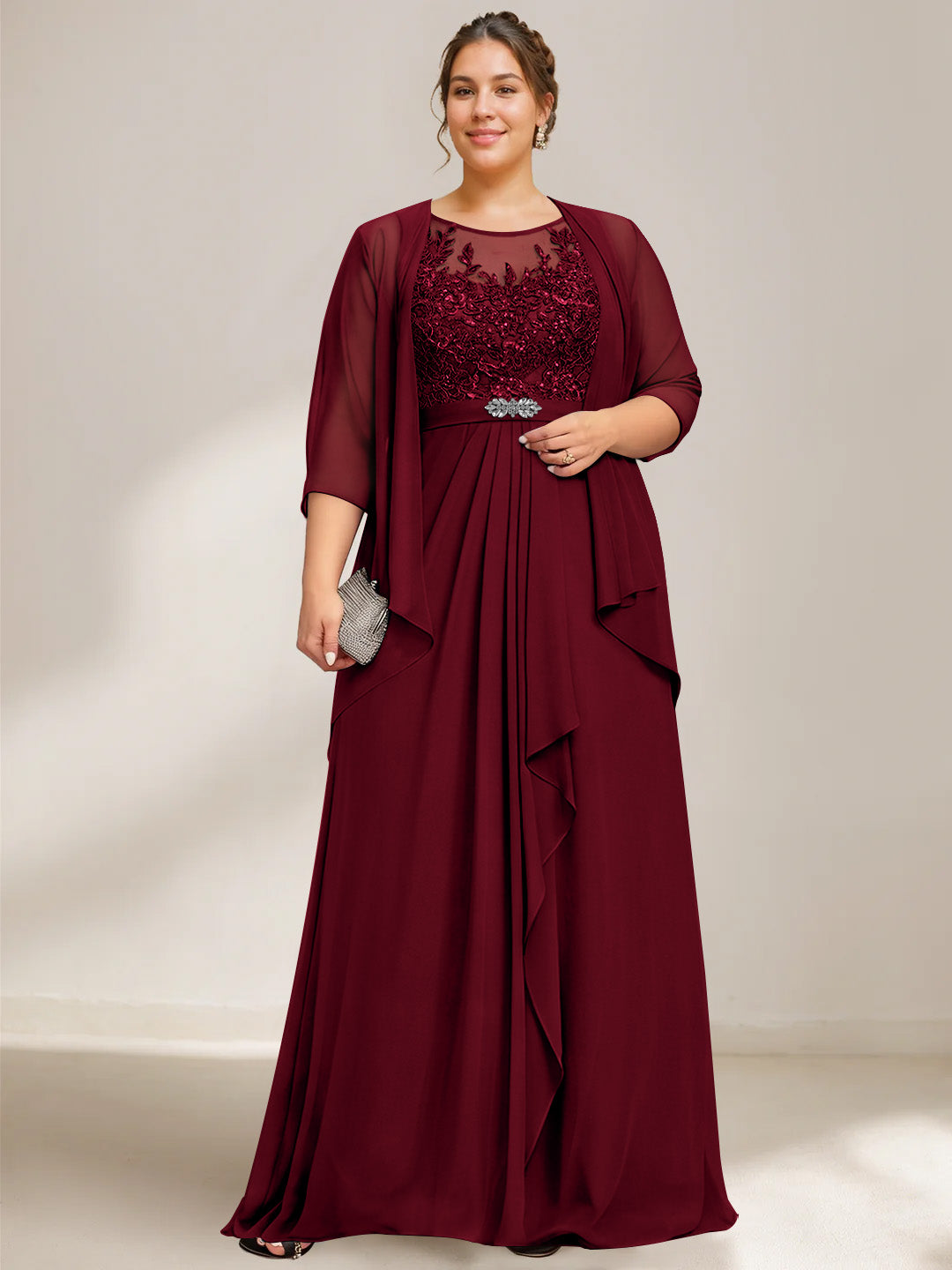 A Line Princess Scoop Plus Size Mother Of The Bride Dresses Chiffon Lace With Wrap Jacket
