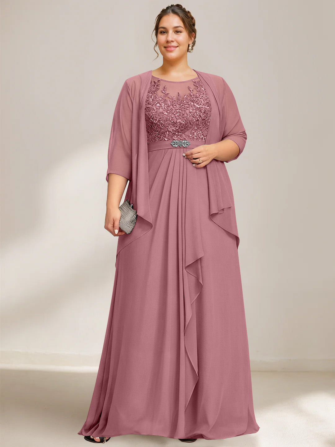 A Line Princess Scoop Plus Size Mother Of The Bride Dresses Chiffon Lace With Wrap Jacket