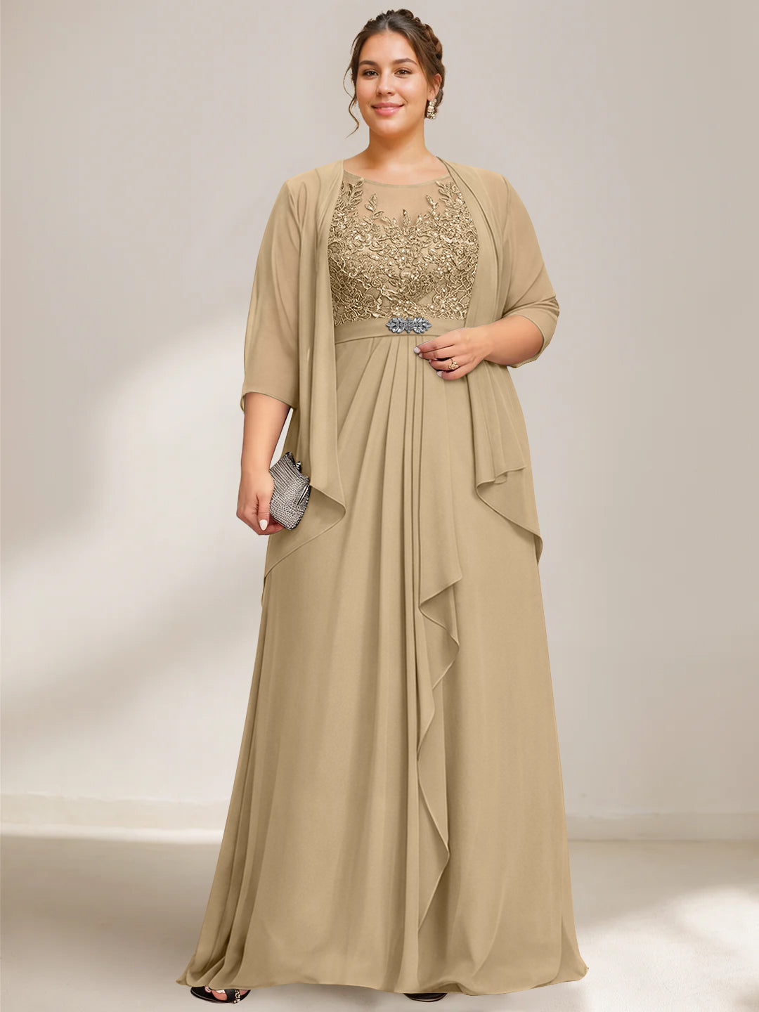 A Line Princess Scoop Plus Size Mother Of The Bride Dresses Chiffon Lace With Wrap Jacket