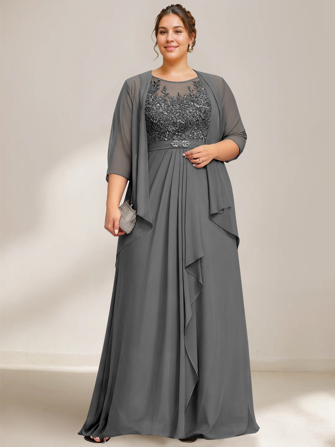 A Line Princess Scoop Plus Size Mother Of The Bride Dresses Chiffon Lace With Wrap Jacket