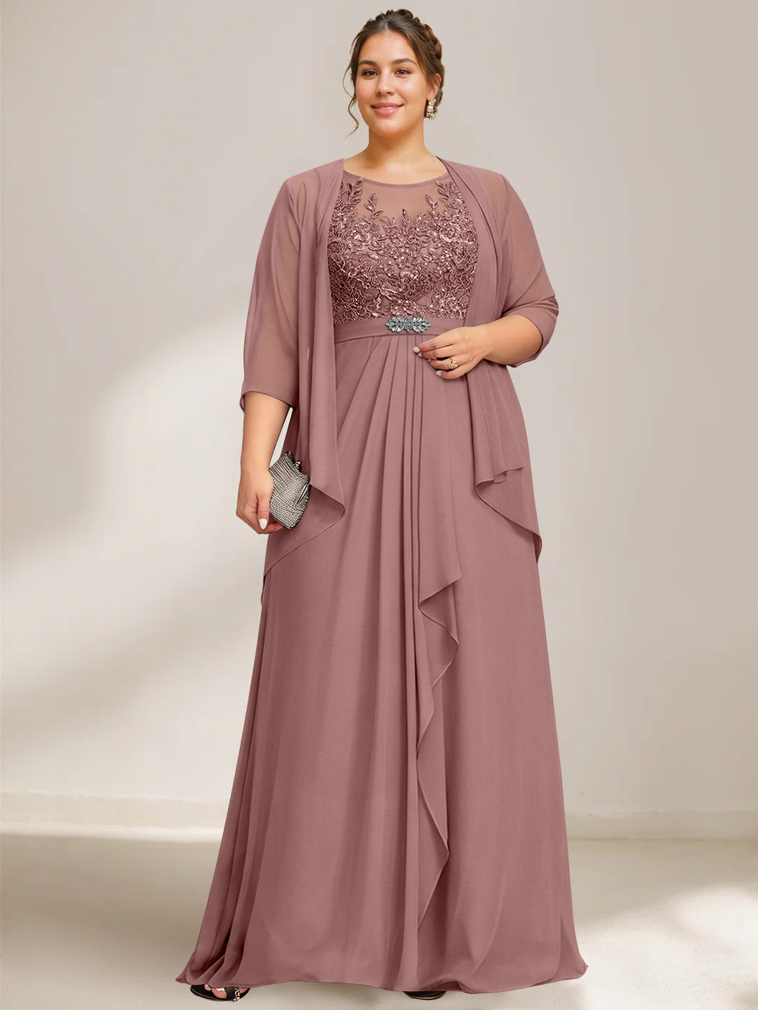 A Line Princess Scoop Plus Size Mother Of The Bride Dresses Chiffon Lace With Wrap Jacket