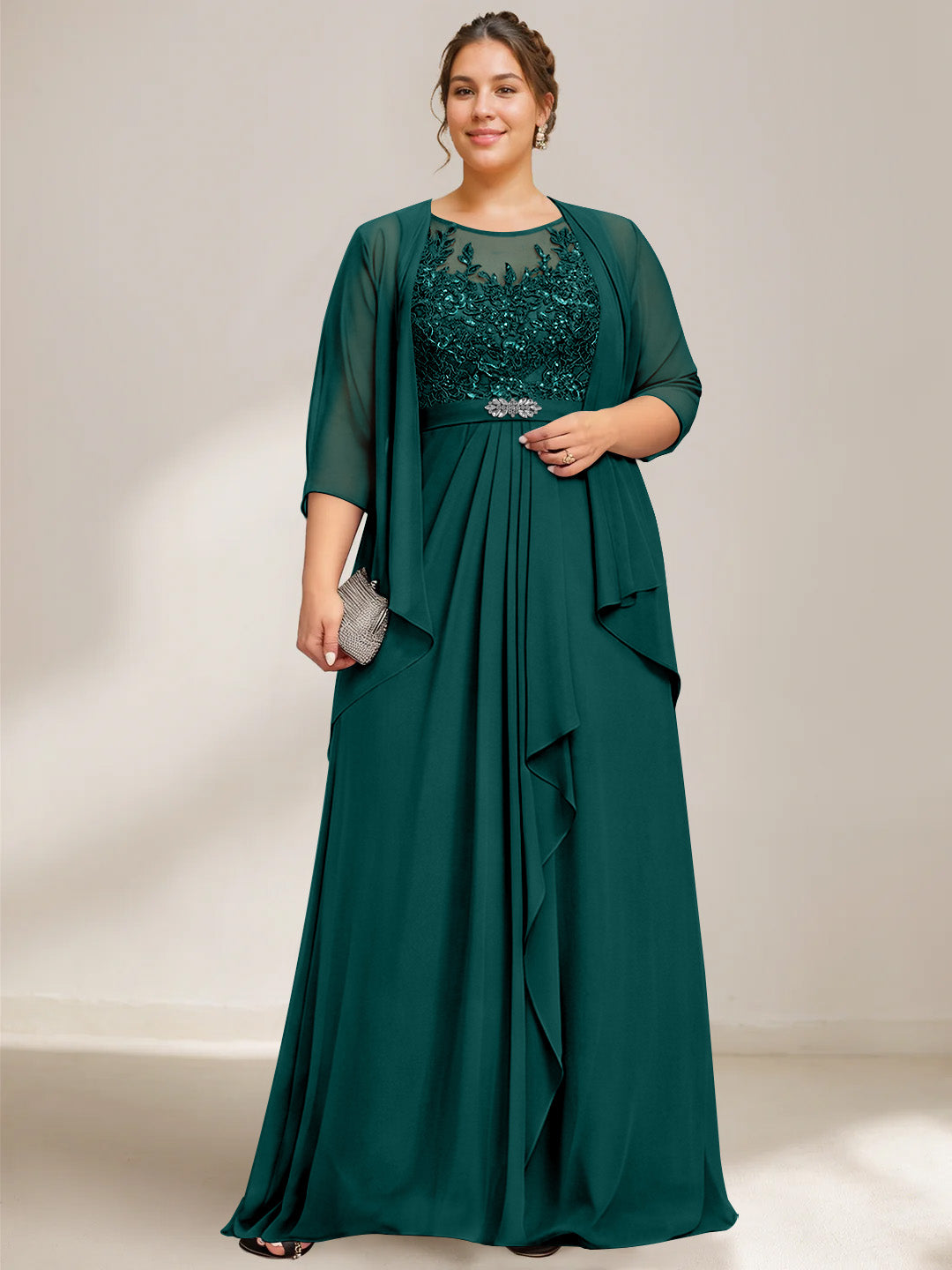 A Line Princess Scoop Plus Size Mother Of The Bride Dresses Chiffon Lace With Wrap Jacket