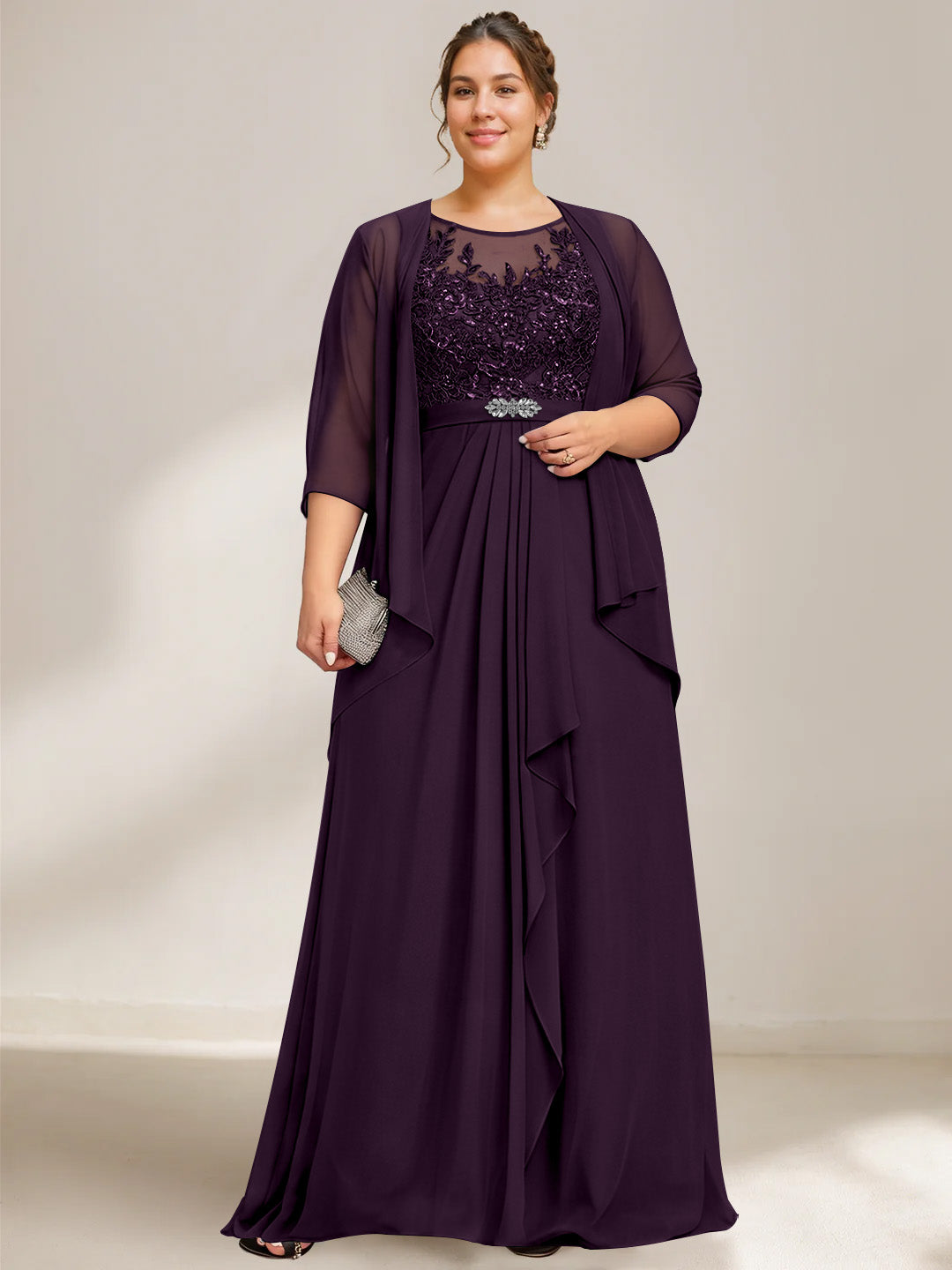A Line Princess Scoop Plus Size Mother Of The Bride Dresses Chiffon Lace With Wrap Jacket