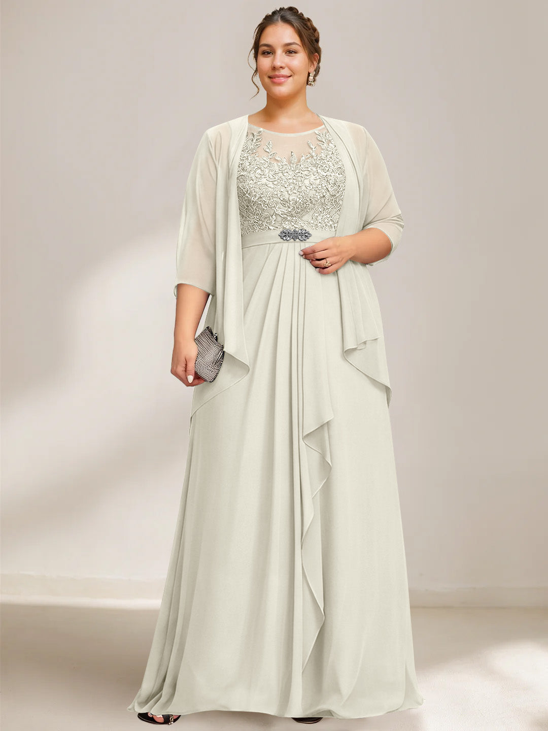A Line Princess Scoop Plus Size Mother Of The Bride Dresses Chiffon Lace With Wrap Jacket