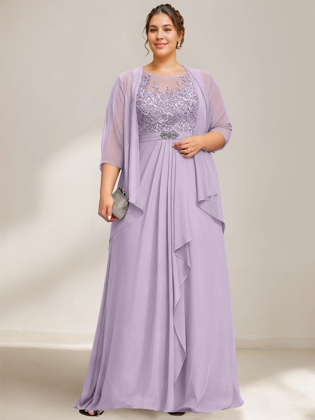 A Line Princess Scoop Plus Size Mother Of The Bride Dresses Chiffon Lace With Wrap Jacket
