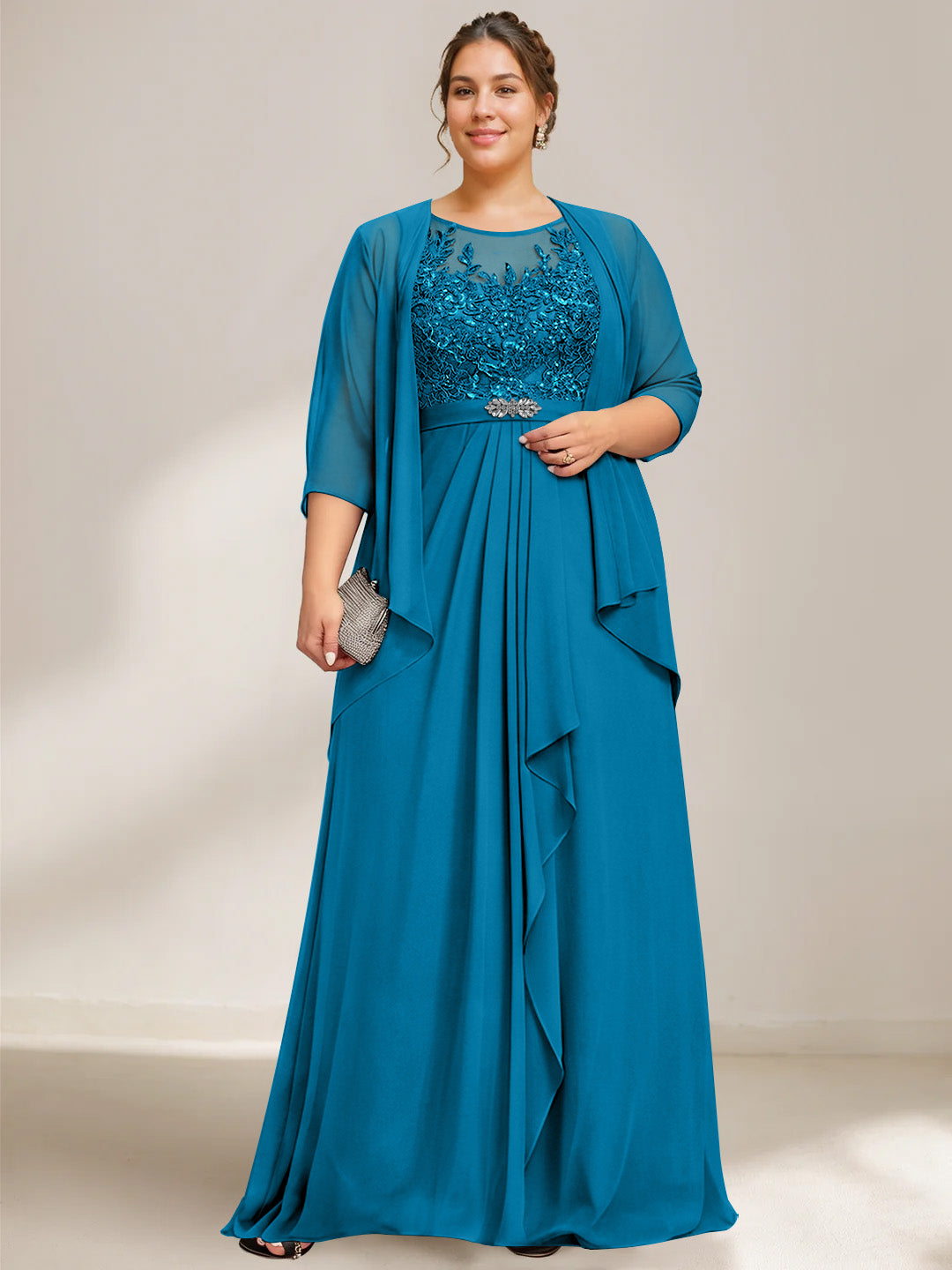 A Line Princess Scoop Plus Size Mother Of The Bride Dresses Chiffon Lace With Wrap Jacket