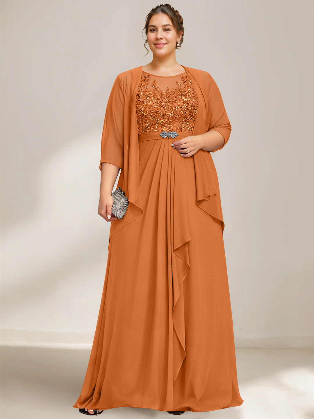 A Line Princess Scoop Plus Size Mother Of The Bride Dresses Chiffon Lace With Wrap Jacket