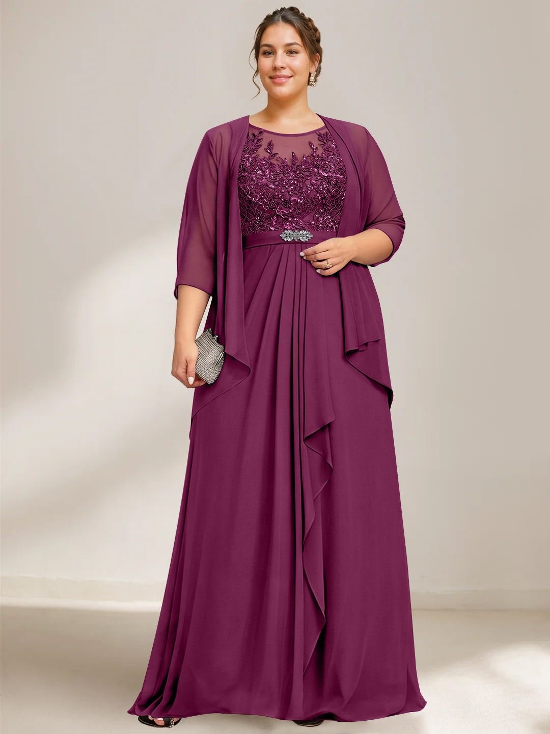 A Line Princess Scoop Plus Size Mother Of The Bride Dresses Chiffon Lace With Wrap Jacket