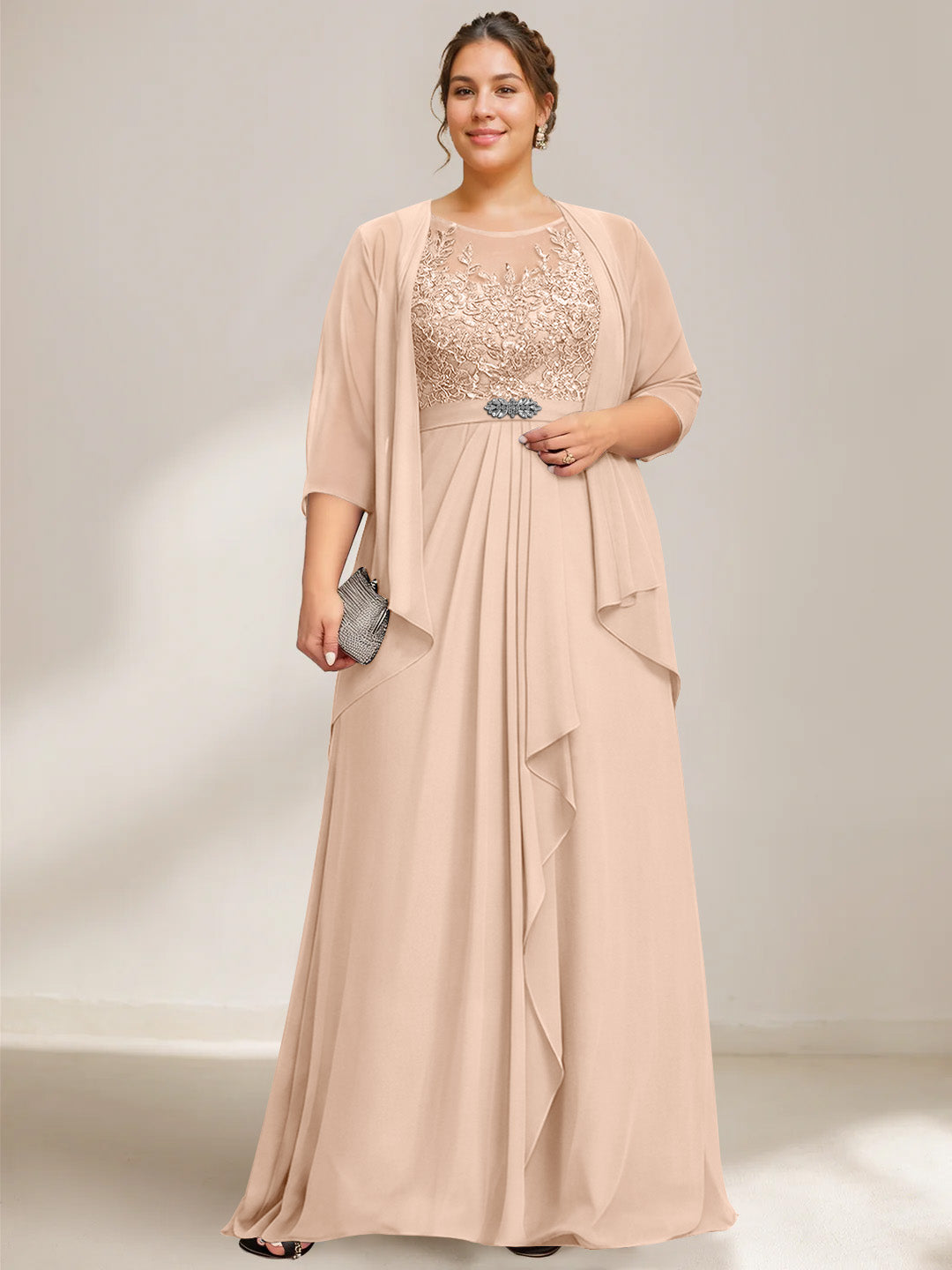 A Line Princess Scoop Plus Size Mother Of The Bride Dresses Chiffon Lace With Wrap Jacket