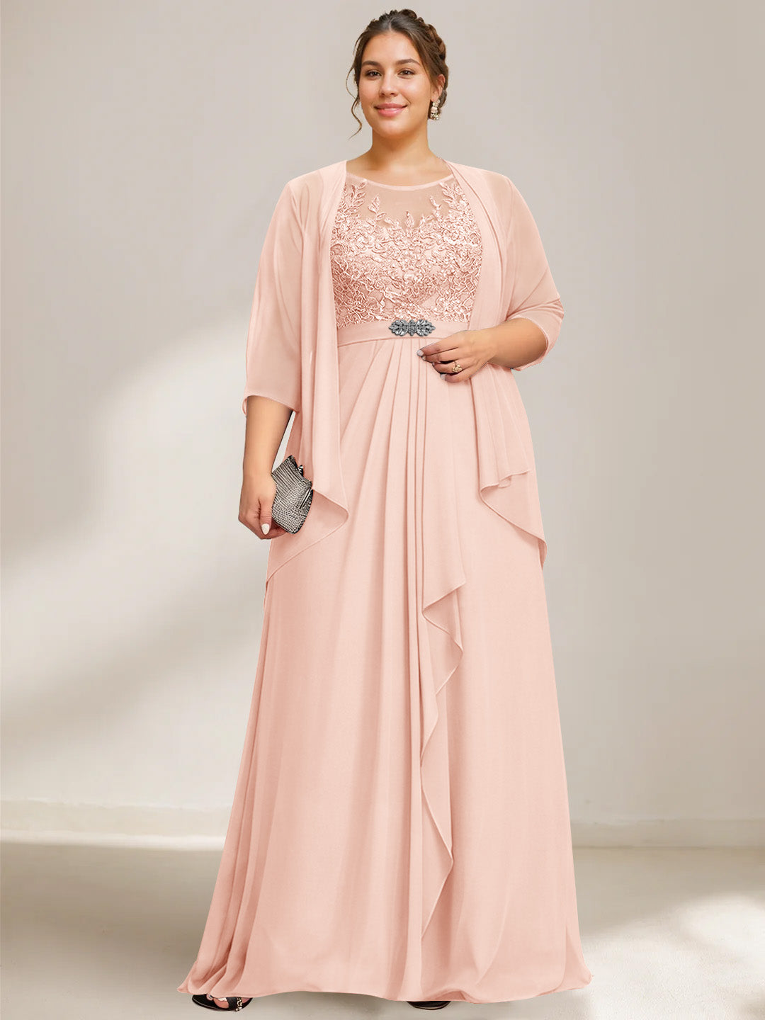 A Line Princess Scoop Plus Size Mother Of The Bride Dresses Chiffon Lace With Wrap Jacket