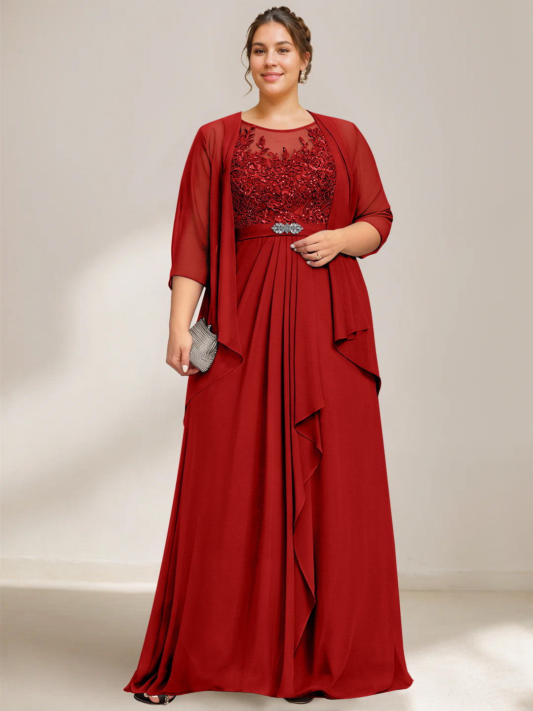 A Line Princess Scoop Plus Size Mother Of The Bride Dresses Chiffon Lace With Wrap Jacket