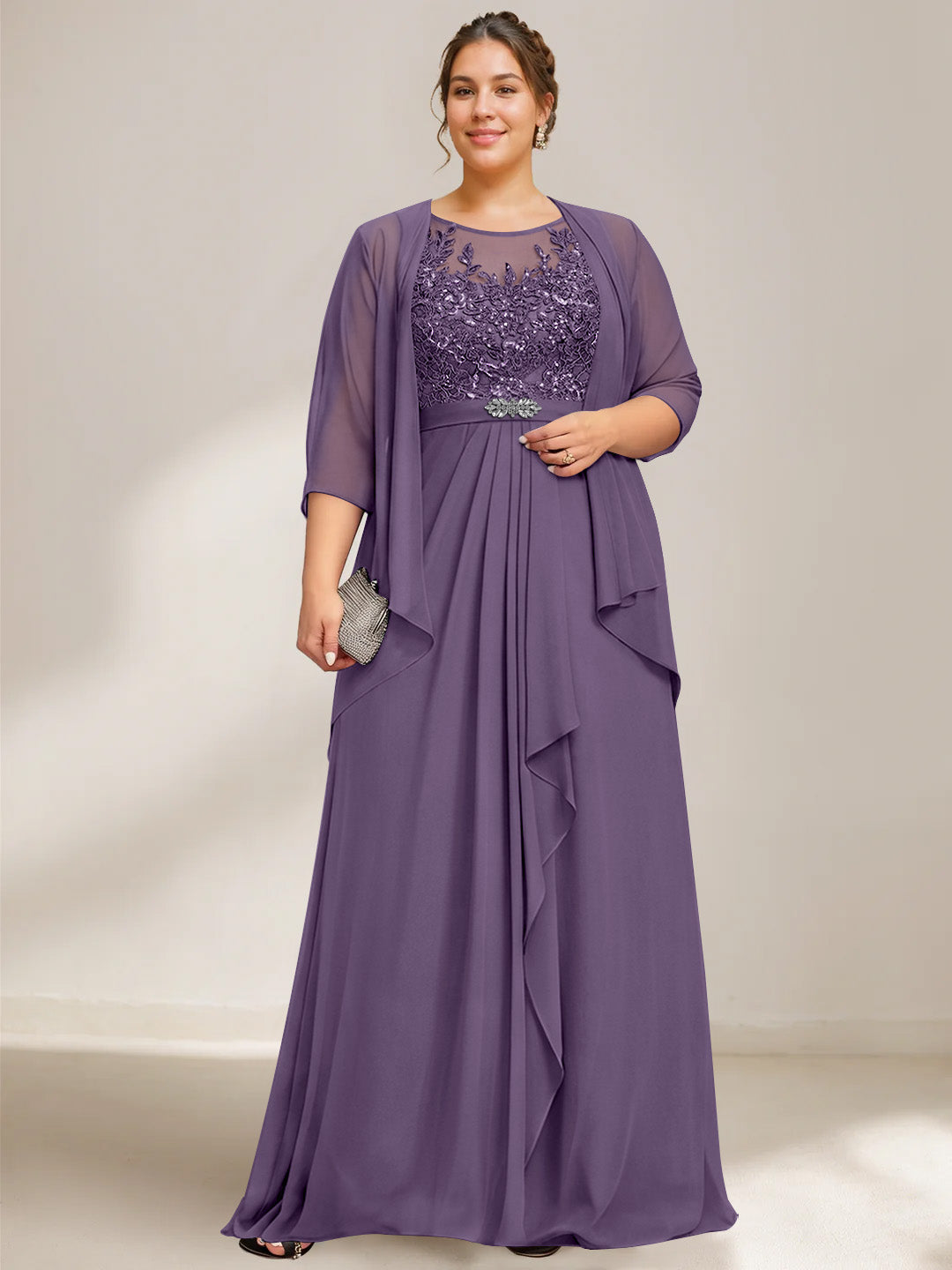 A Line Princess Scoop Plus Size Mother Of The Bride Dresses Chiffon Lace With Wrap Jacket
