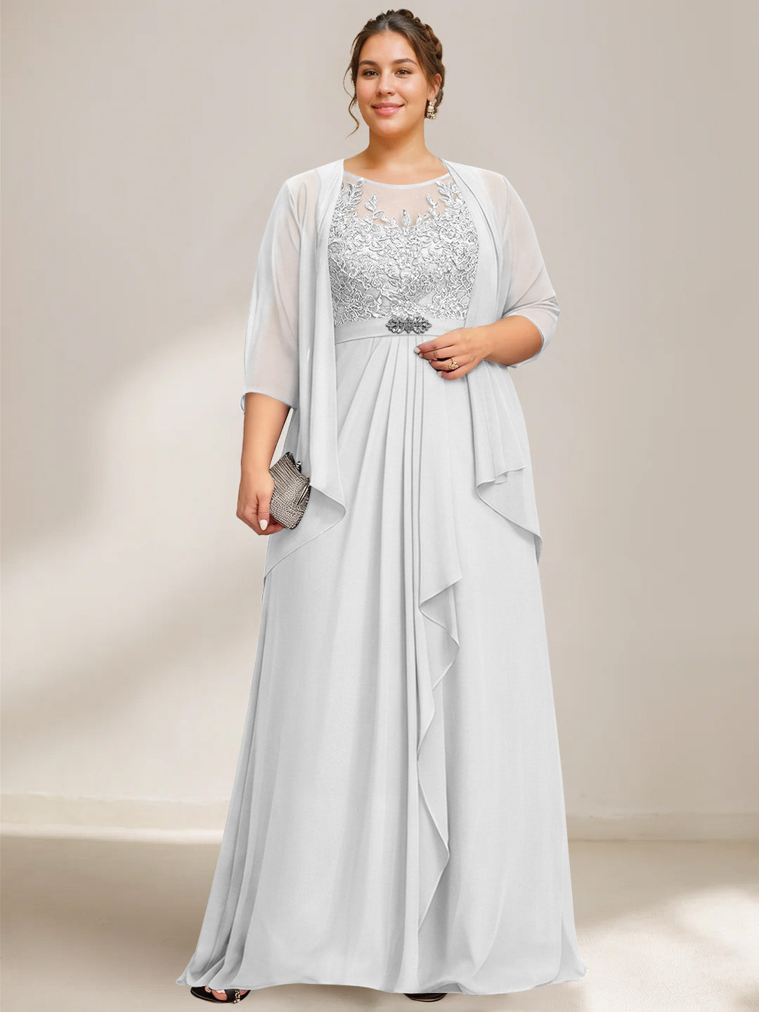 A Line Princess Scoop Plus Size Mother Of The Bride Dresses Chiffon Lace With Wrap Jacket