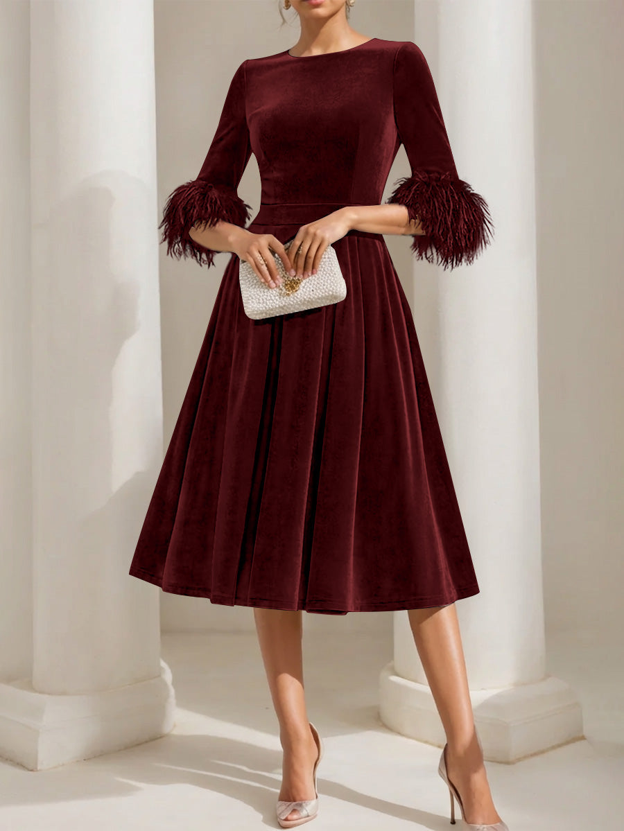 A Line Princess Scoop Velvet Mother Of The Bride Dresses Half Sleeves Feather Trimmed