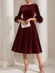 A Line Princess Scoop Velvet Mother Of The Bride Dresses Half Sleeves Feather Trimmed