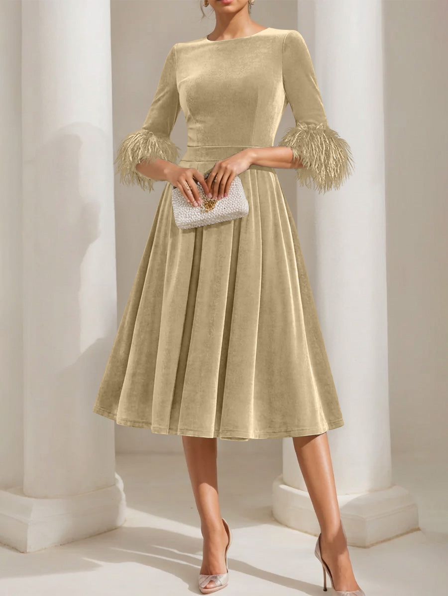 A Line Princess Scoop Velvet Mother Of The Bride Dresses Half Sleeves Feather Trimmed