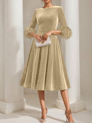 A Line Princess Scoop Velvet Mother Of The Bride Dresses Half Sleeves Feather Trimmed