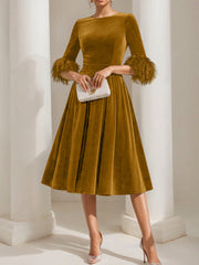 A Line Princess Scoop Velvet Mother Of The Bride Dresses Half Sleeves Feather Trimmed