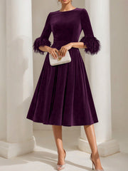 A Line Princess Scoop Velvet Mother Of The Bride Dresses Half Sleeves Feather Trimmed