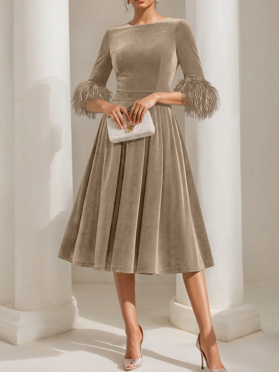 A Line Princess Scoop Velvet Mother Of The Bride Dresses Half Sleeves Feather Trimmed