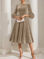 A Line Princess Scoop Velvet Mother Of The Bride Dresses Half Sleeves Feather Trimmed