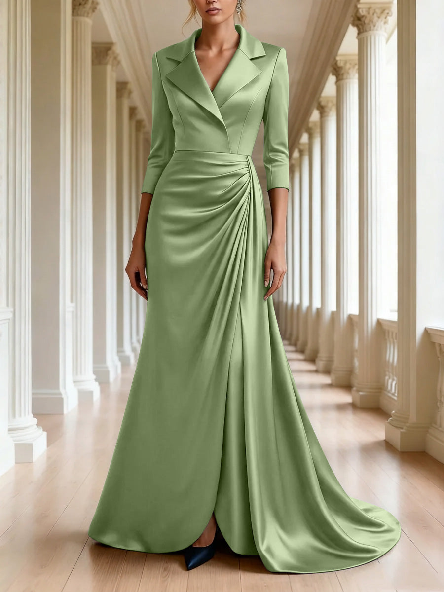 Trumpet Mermaid 3 4 Sleeves V Neck Mother Of The Bride Dresses Floor Length