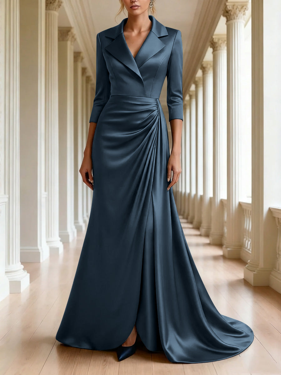 Trumpet Mermaid 3 4 Sleeves V Neck Mother Of The Bride Dresses Floor Length