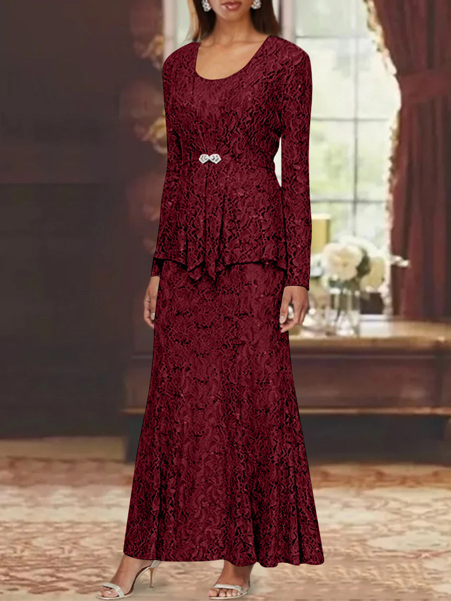 A Line Princess 2 Pieces Scoop Lace Mother Of The Bride Dresses With Jacket Long Sleeves Ankle Length