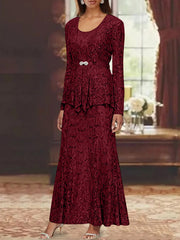 A Line Princess 2 Pieces Scoop Lace Mother Of The Bride Dresses With Jacket Long Sleeves Ankle Length