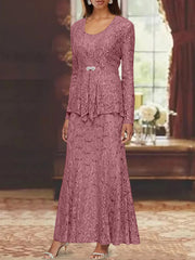 A Line Princess 2 Pieces Scoop Lace Mother Of The Bride Dresses With Jacket Long Sleeves Ankle Length