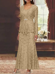 A Line Princess 2 Pieces Scoop Lace Mother Of The Bride Dresses With Jacket Long Sleeves Ankle Length