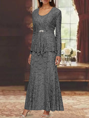 A Line Princess 2 Pieces Scoop Lace Mother Of The Bride Dresses With Jacket Long Sleeves Ankle Length