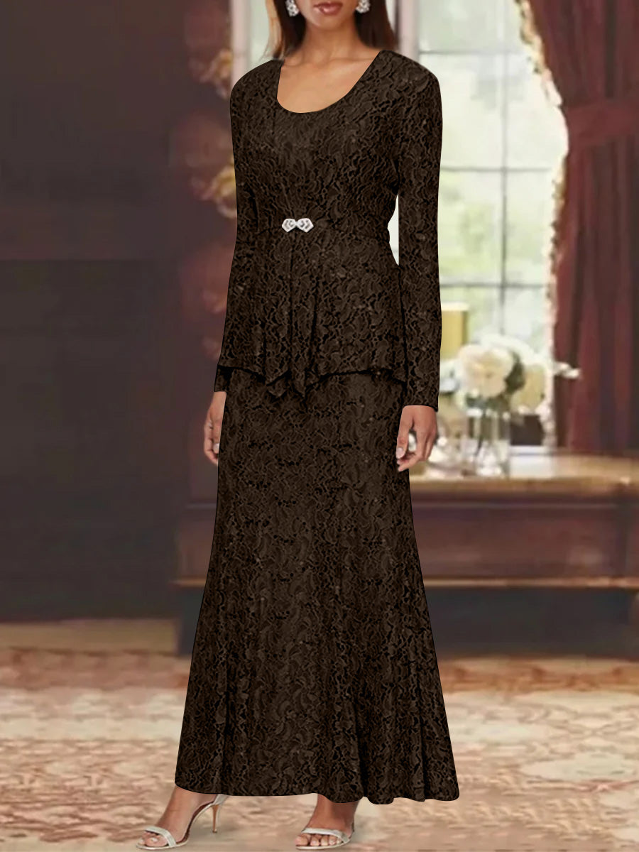 A Line Princess 2 Pieces Scoop Lace Mother Of The Bride Dresses With Jacket Long Sleeves Ankle Length
