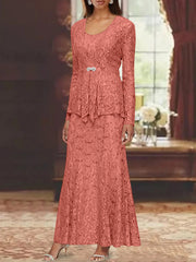 A Line Princess 2 Pieces Scoop Lace Mother Of The Bride Dresses With Jacket Long Sleeves Ankle Length