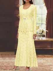 A Line Princess 2 Pieces Scoop Lace Mother Of The Bride Dresses With Jacket Long Sleeves Ankle Length