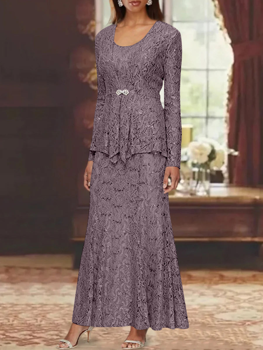 A Line Princess 2 Pieces Scoop Lace Mother Of The Bride Dresses With Jacket Long Sleeves Ankle Length