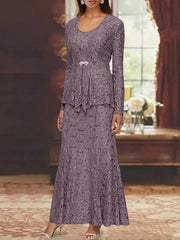 A Line Princess 2 Pieces Scoop Lace Mother Of The Bride Dresses With Jacket Long Sleeves Ankle Length