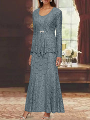 A Line Princess 2 Pieces Scoop Lace Mother Of The Bride Dresses With Jacket Long Sleeves Ankle Length
