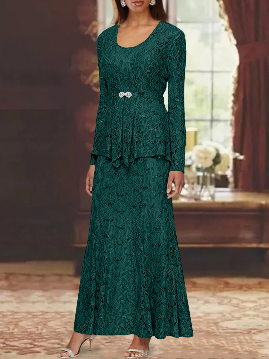 A Line Princess 2 Pieces Scoop Lace Mother Of The Bride Dresses With Jacket Long Sleeves Ankle Length