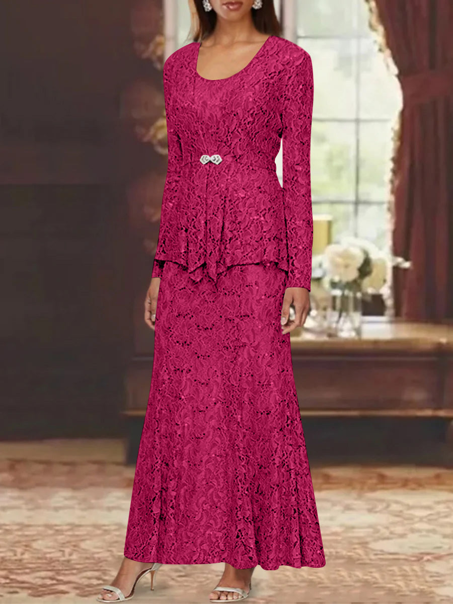 A Line Princess 2 Pieces Scoop Lace Mother Of The Bride Dresses With Jacket Long Sleeves Ankle Length