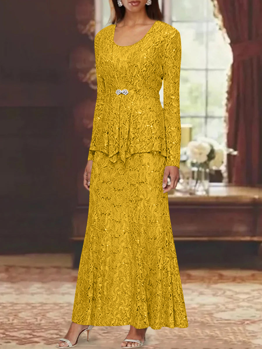 A Line Princess 2 Pieces Scoop Lace Mother Of The Bride Dresses With Jacket Long Sleeves Ankle Length