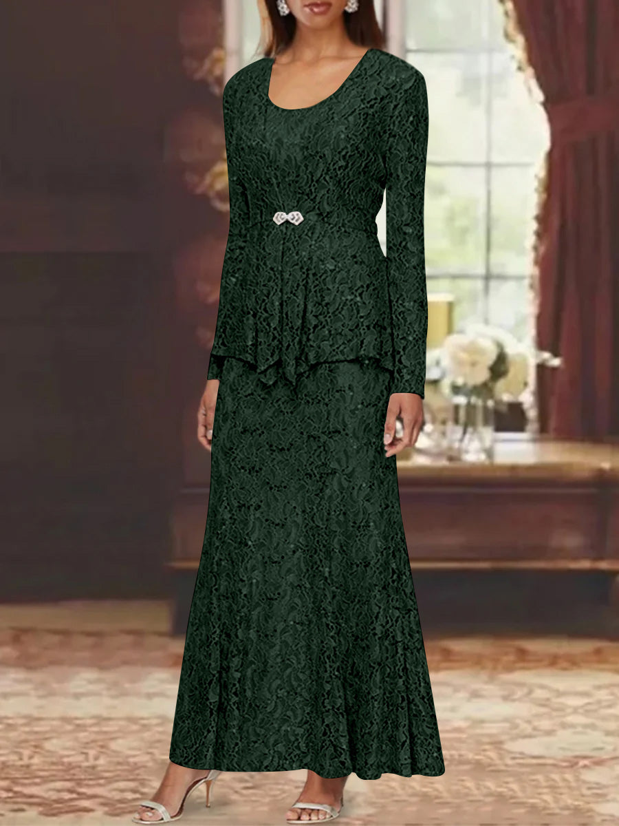 A Line Princess 2 Pieces Scoop Lace Mother Of The Bride Dresses With Jacket Long Sleeves Ankle Length