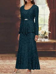 A Line Princess 2 Pieces Scoop Lace Mother Of The Bride Dresses With Jacket Long Sleeves Ankle Length