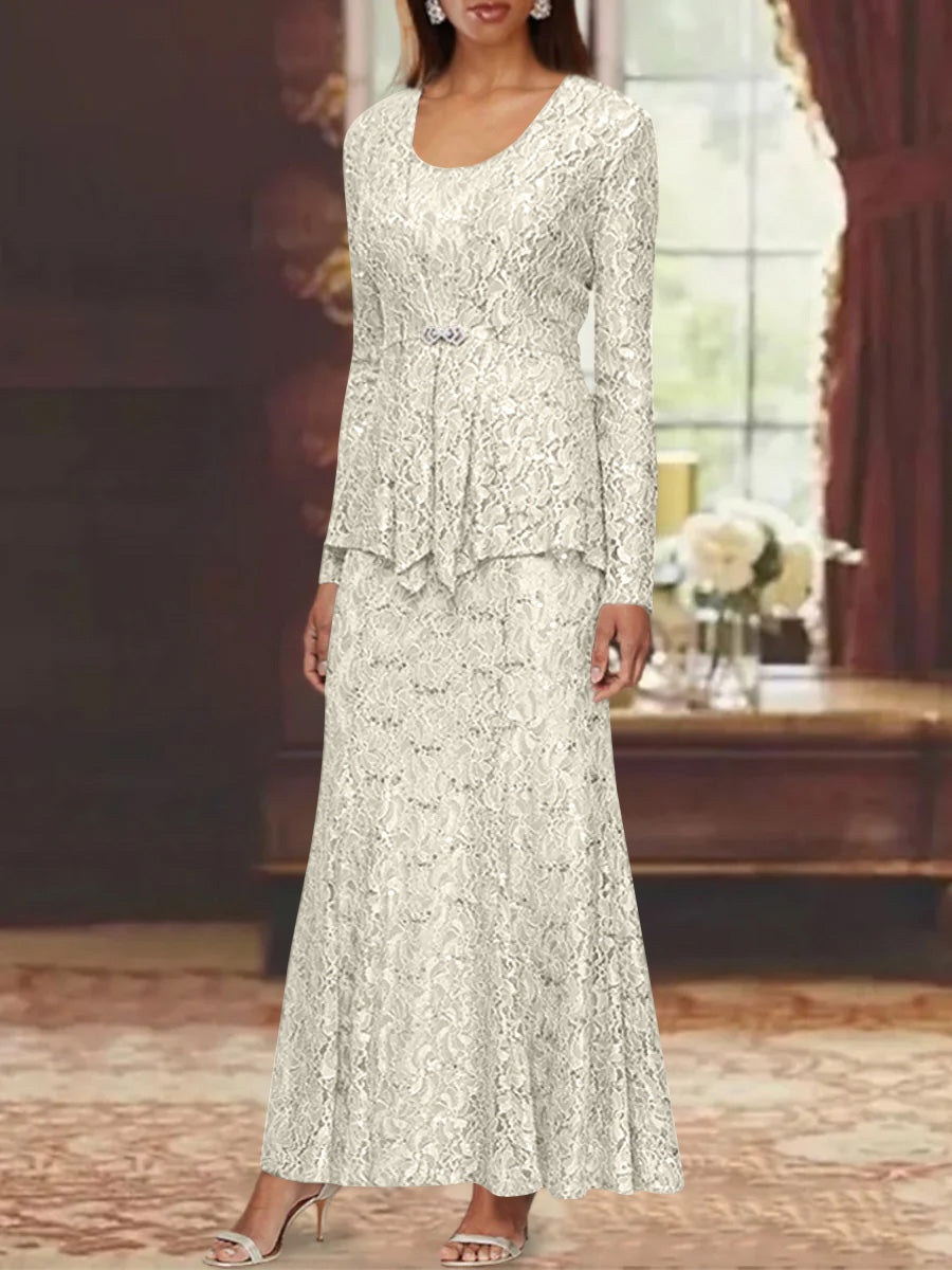 A Line Princess 2 Pieces Scoop Lace Mother Of The Bride Dresses With Jacket Long Sleeves Ankle Length