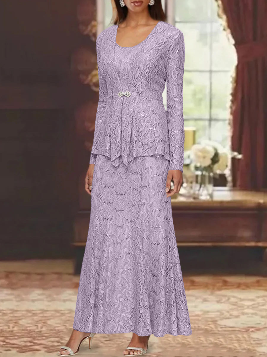 A Line Princess 2 Pieces Scoop Lace Mother Of The Bride Dresses With Jacket Long Sleeves Ankle Length