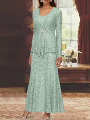 A Line Princess 2 Pieces Scoop Lace Mother Of The Bride Dresses With Jacket Long Sleeves Ankle Length