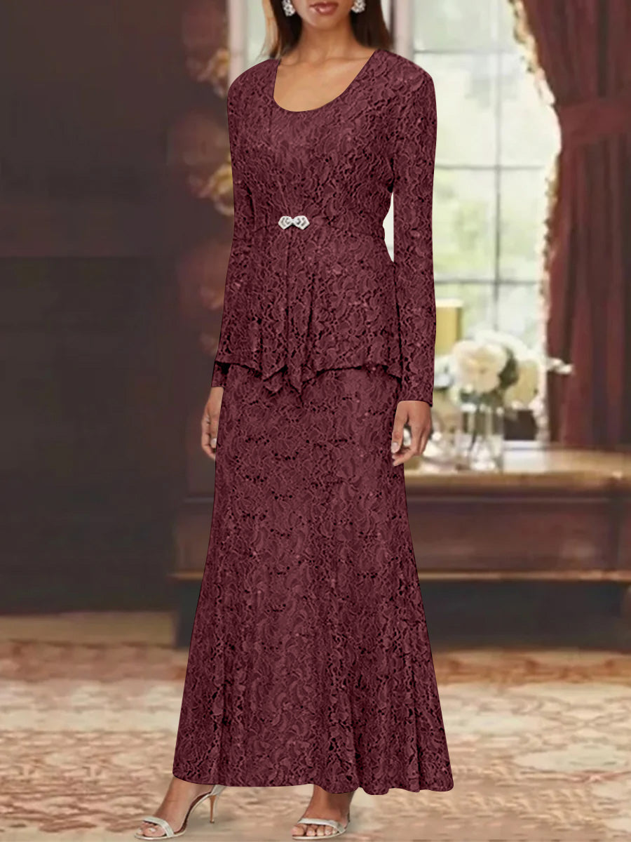 A Line Princess 2 Pieces Scoop Lace Mother Of The Bride Dresses With Jacket Long Sleeves Ankle Length